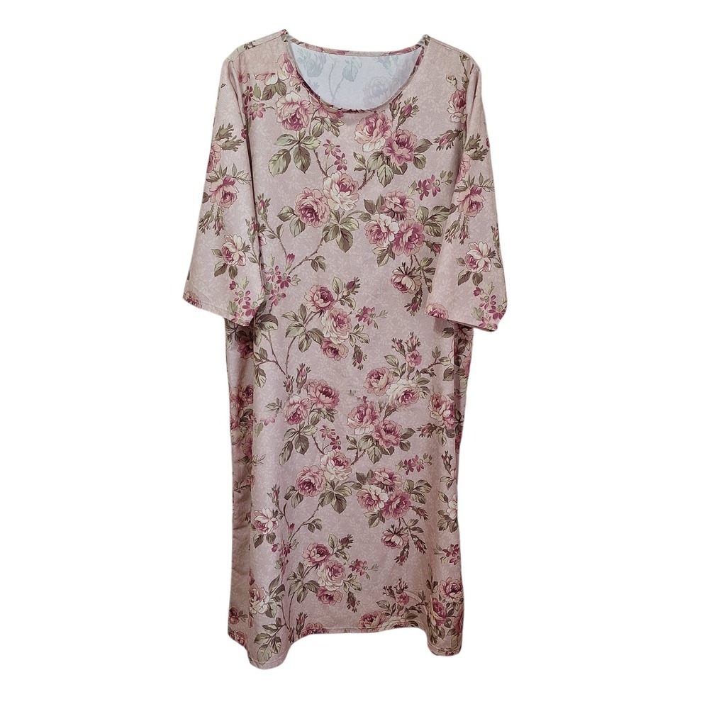 Floral Rose Print Midi Shift Dress Pink Elbow Sleeve‎ Round Neck 3XL Cottagecore